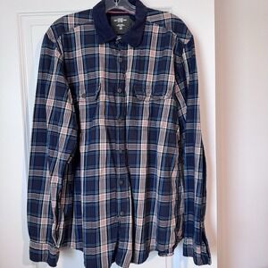 H&M LOGG Plaid Flannel Shirt Men's XL Fitted 100% Cotton Navy Blue Check
